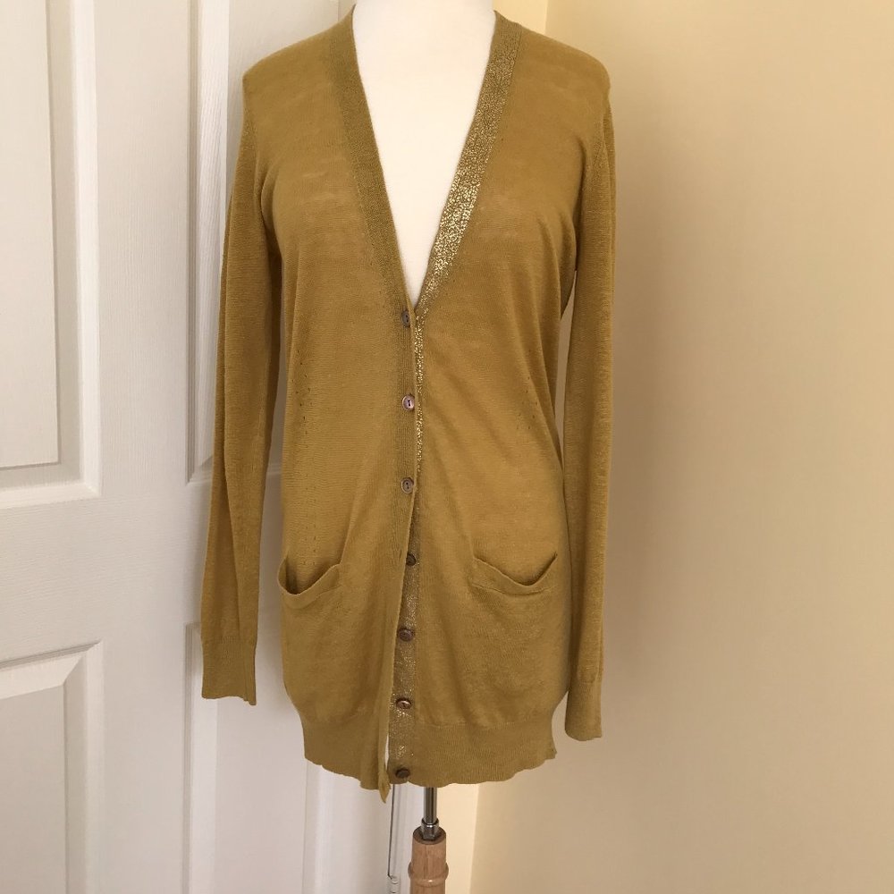 Ann Taylor Mustard Gold-Trim V-Neck Cardigan
